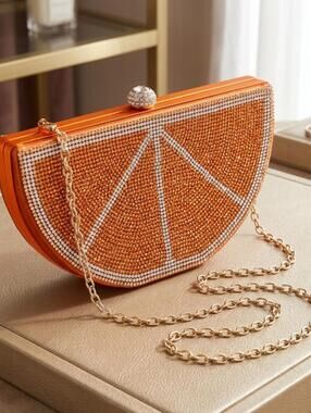 Orange Slice Rhinestone Clutch Purse Crystal Evening Bag Gold Chain Crossbody .